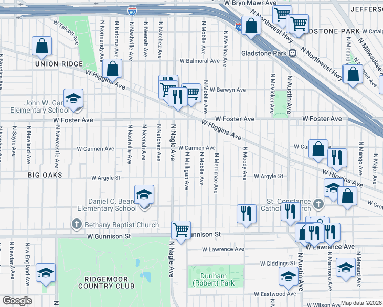 map of restaurants, bars, coffee shops, grocery stores, and more near 5028 North Mobile Avenue in Chicago