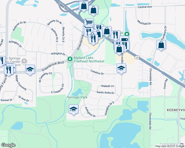 map of restaurants, bars, coffee shops, grocery stores, and more near 5508 Montibello Drive in Hanover Park