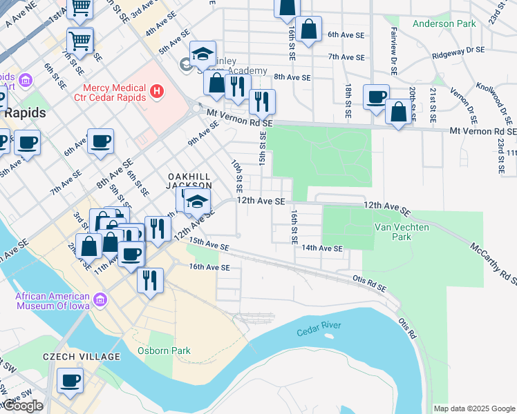 map of restaurants, bars, coffee shops, grocery stores, and more near 1201 15th Street Southeast in Cedar Rapids