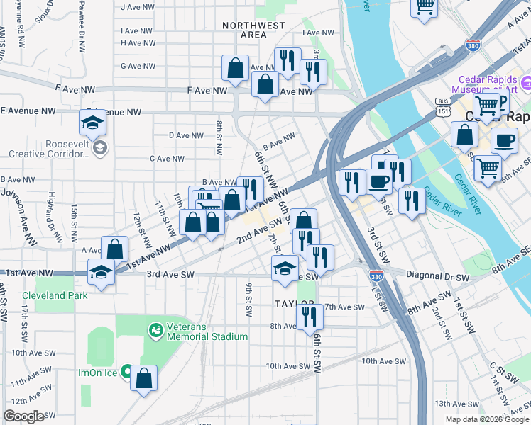 map of restaurants, bars, coffee shops, grocery stores, and more near in Cedar Rapids