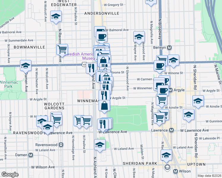 map of restaurants, bars, coffee shops, grocery stores, and more near 5015 North Clark Street in Chicago
