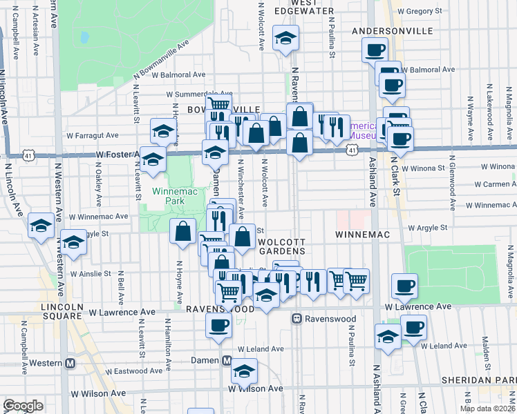map of restaurants, bars, coffee shops, grocery stores, and more near 5014 North Wolcott Avenue in Chicago