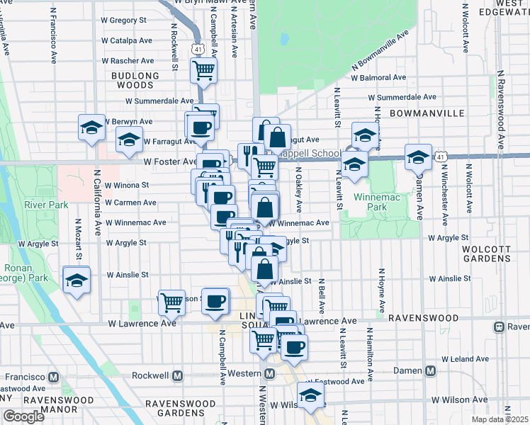 map of restaurants, bars, coffee shops, grocery stores, and more near 2351 West Winnemac Avenue in Chicago