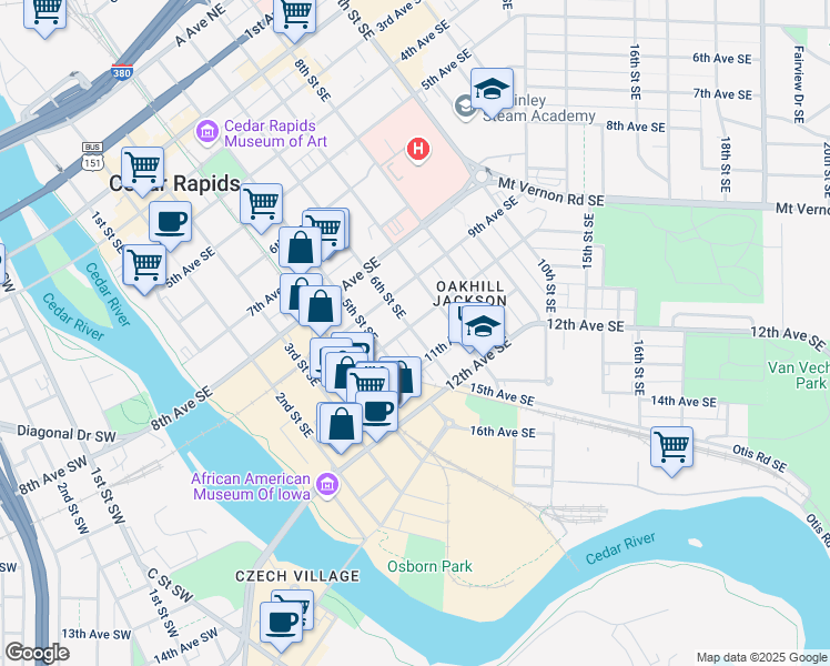 map of restaurants, bars, coffee shops, grocery stores, and more near 1020 6th Street Southeast in Cedar Rapids