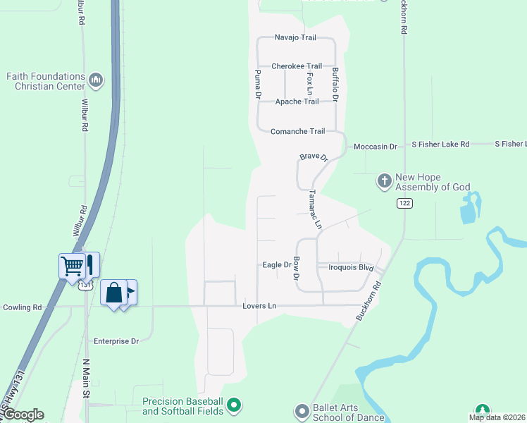 map of restaurants, bars, coffee shops, grocery stores, and more near 56740 Chippewa Drive in Three Rivers
