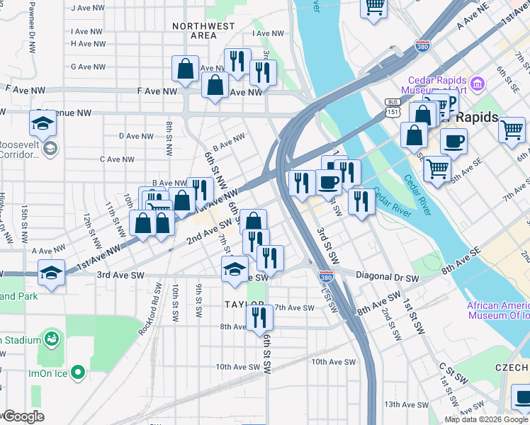 map of restaurants, bars, coffee shops, grocery stores, and more near 457 2nd Avenue Southwest in Cedar Rapids