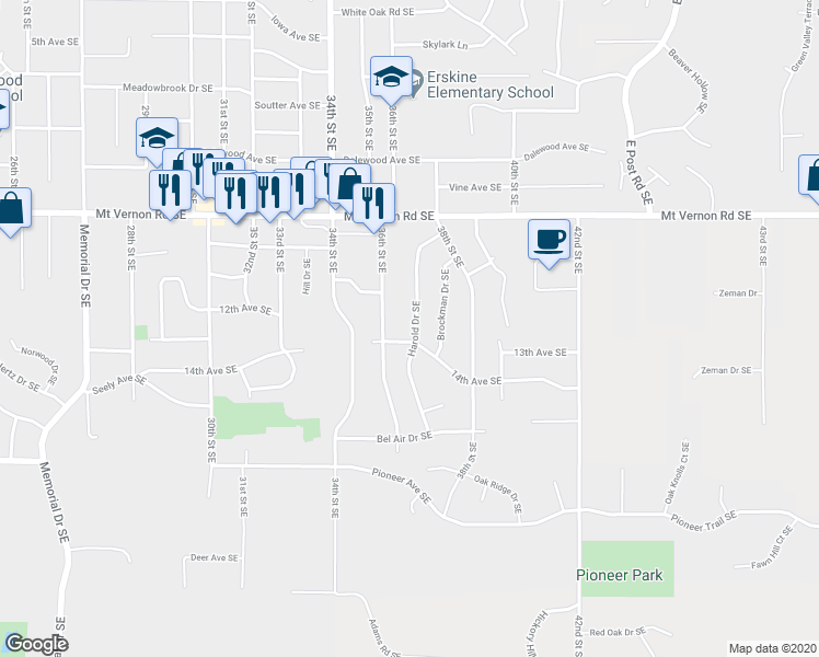 map of restaurants, bars, coffee shops, grocery stores, and more near 1225 Harold Drive Southeast in Cedar Rapids