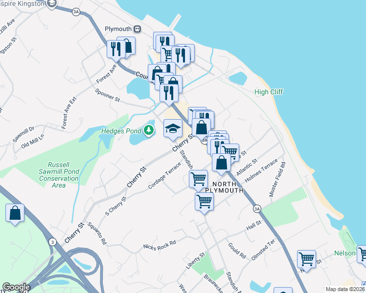 map of restaurants, bars, coffee shops, grocery stores, and more near 236 Standish Avenue in Plymouth