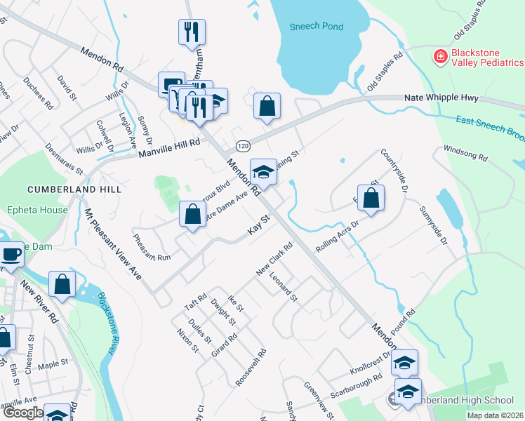 map of restaurants, bars, coffee shops, grocery stores, and more near 10 Kay Street in Cumberland