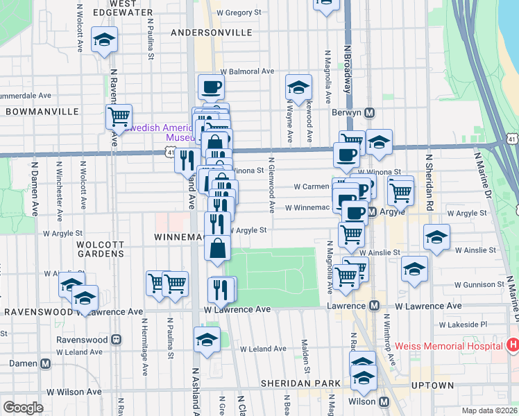 map of restaurants, bars, coffee shops, grocery stores, and more near 1448 West Argyle Street in Chicago