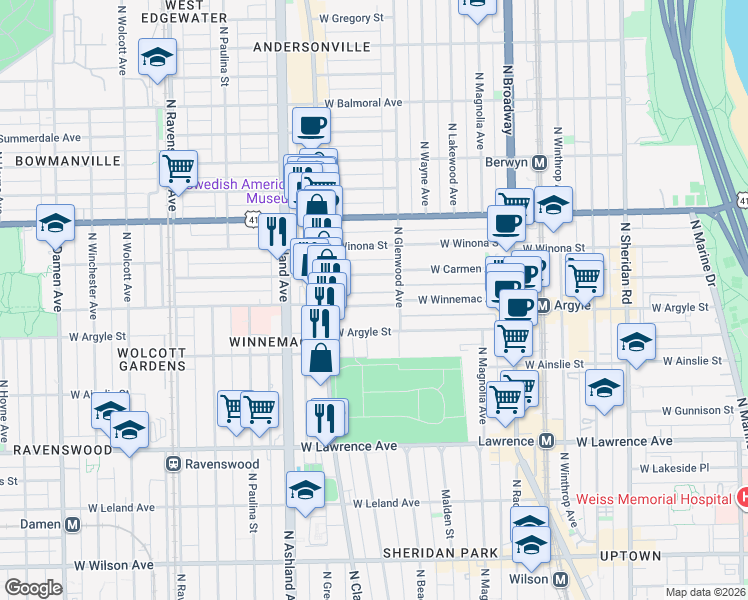map of restaurants, bars, coffee shops, grocery stores, and more near 1448 West Argyle Street in Chicago
