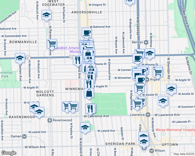 map of restaurants, bars, coffee shops, grocery stores, and more near 1448 West Argyle Street in Chicago
