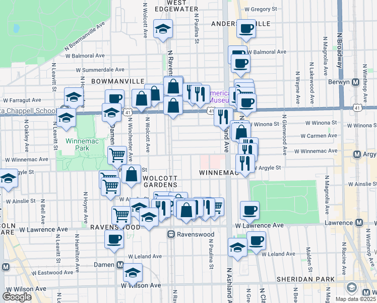 map of restaurants, bars, coffee shops, grocery stores, and more near 1763 West Winnemac Avenue in Chicago