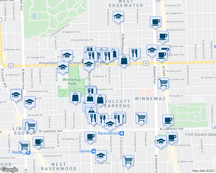 map of restaurants, bars, coffee shops, grocery stores, and more near 5014 North Wolcott Avenue in Chicago