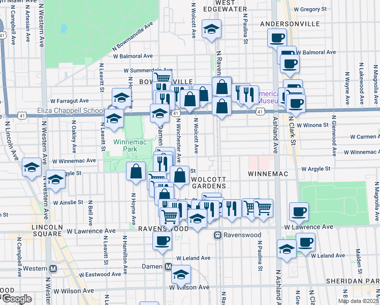 map of restaurants, bars, coffee shops, grocery stores, and more near 5014 North Wolcott Avenue in Chicago