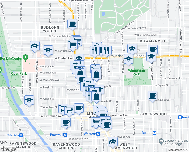 map of restaurants, bars, coffee shops, grocery stores, and more near 2351 West Winnemac Avenue in Chicago