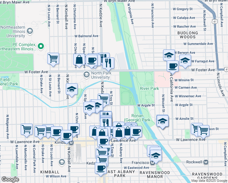 map of restaurants, bars, coffee shops, grocery stores, and more near 5028 North Albany Avenue in Chicago