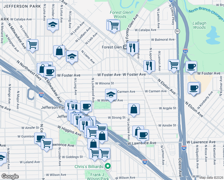map of restaurants, bars, coffee shops, grocery stores, and more near 5159 West Carmen Avenue in Chicago