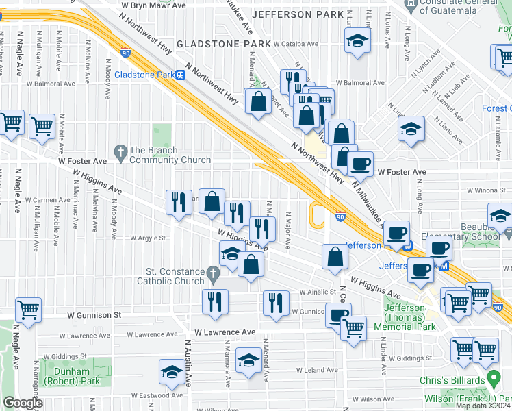 map of restaurants, bars, coffee shops, grocery stores, and more near 5034 North Mango Avenue in Chicago