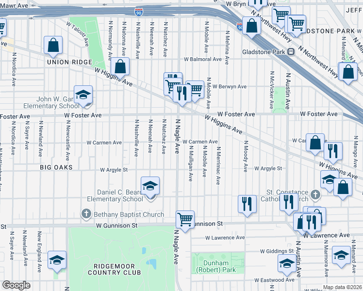 map of restaurants, bars, coffee shops, grocery stores, and more near 5029 North Nagle Avenue in Chicago