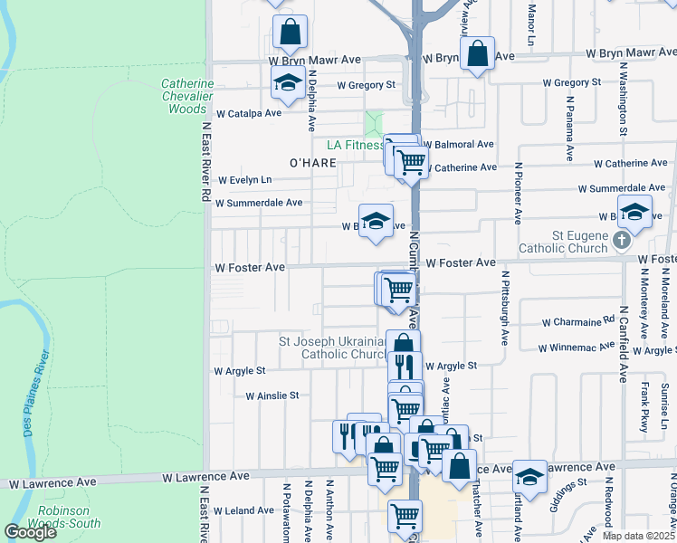 map of restaurants, bars, coffee shops, grocery stores, and more near 8537 West Saint Joseph Avenue in Chicago