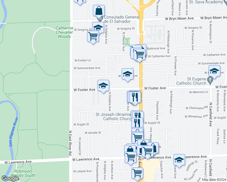 map of restaurants, bars, coffee shops, grocery stores, and more near 8537 West Saint Joseph Avenue in Chicago