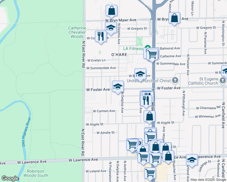 map of restaurants, bars, coffee shops, grocery stores, and more near 8639 West Foster Avenue in Chicago