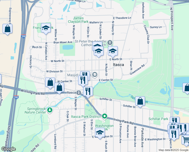 map of restaurants, bars, coffee shops, grocery stores, and more near 212 East Center Street in Itasca