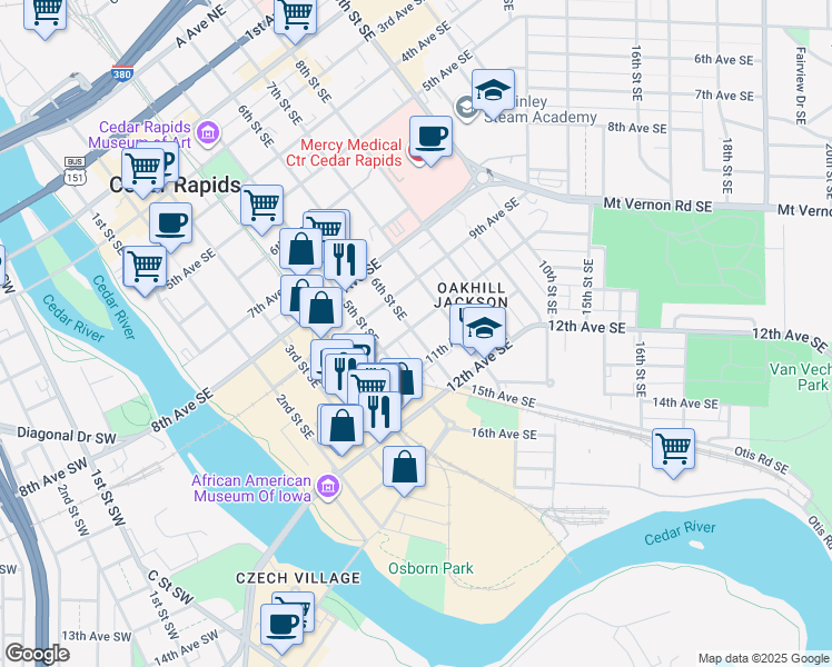 map of restaurants, bars, coffee shops, grocery stores, and more near 1020 6th Street Southeast in Cedar Rapids