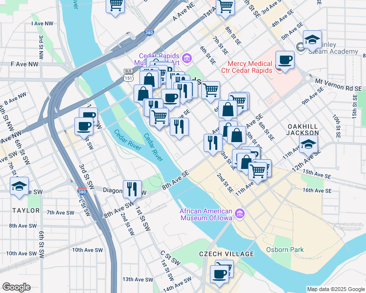 map of restaurants, bars, coffee shops, grocery stores, and more near in Cedar Rapids