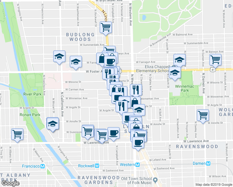 map of restaurants, bars, coffee shops, grocery stores, and more near North Sheridan Road in Chicago