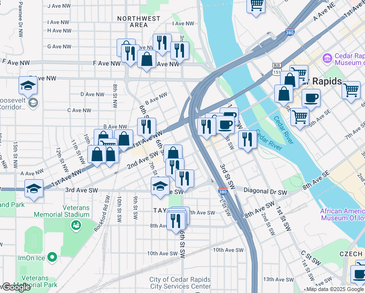 map of restaurants, bars, coffee shops, grocery stores, and more near 427 2nd Avenue Southwest in Cedar Rapids