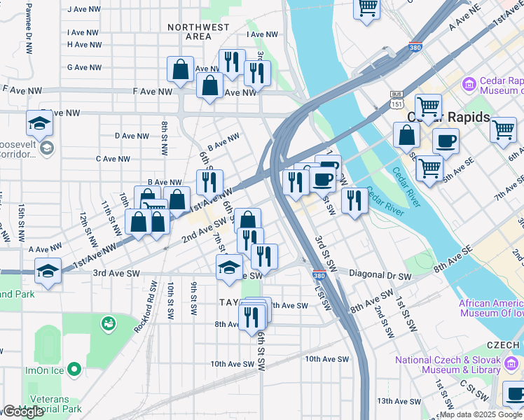 map of restaurants, bars, coffee shops, grocery stores, and more near 421 2nd Avenue Southwest in Cedar Rapids