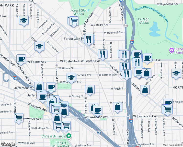 map of restaurants, bars, coffee shops, grocery stores, and more near 5030 West Carmen Avenue in Chicago
