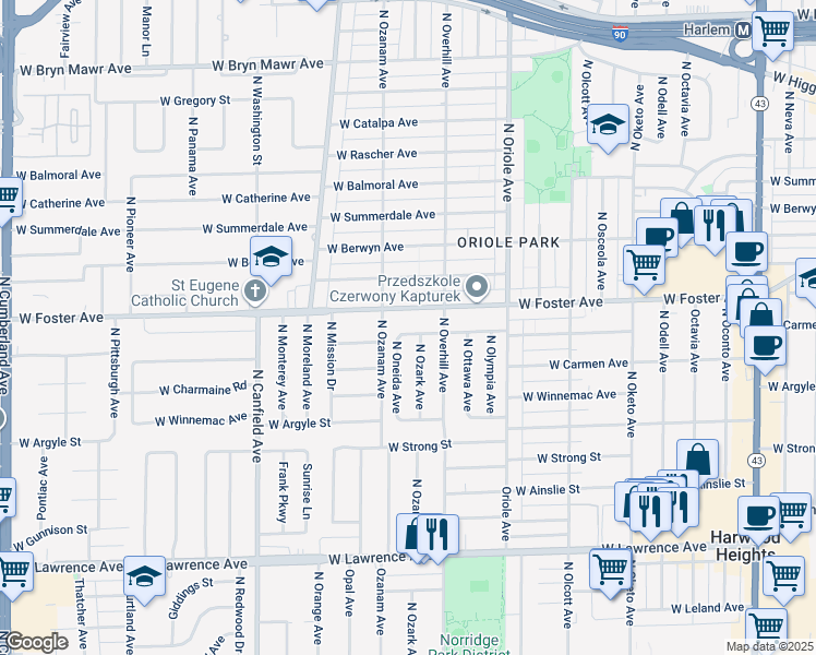 map of restaurants, bars, coffee shops, grocery stores, and more near 7736 West Winona Street in Norridge