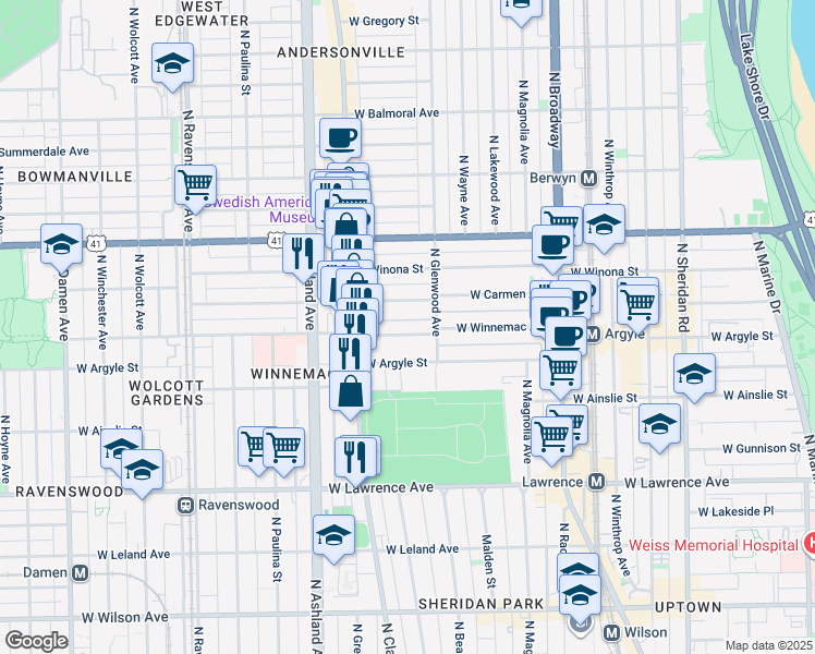 map of restaurants, bars, coffee shops, grocery stores, and more near 1448 West Argyle Street in Chicago