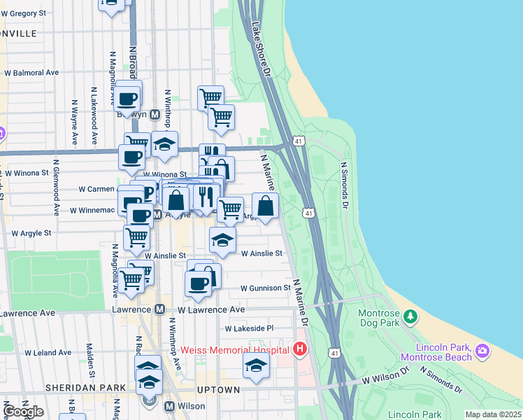 map of restaurants, bars, coffee shops, grocery stores, and more near 850 West Argyle Street in Chicago