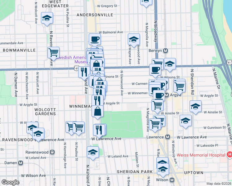 map of restaurants, bars, coffee shops, grocery stores, and more near 1448 West Argyle Street in Chicago