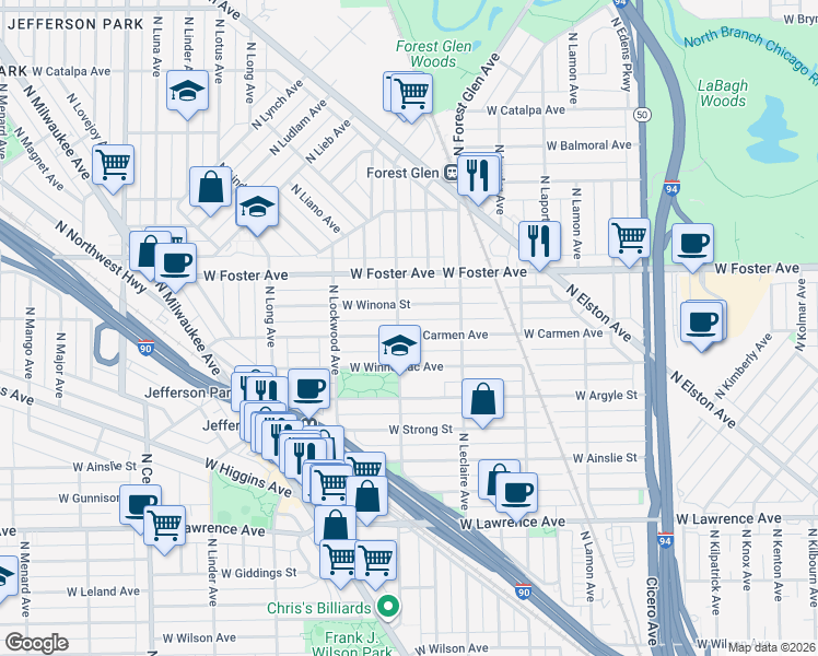 map of restaurants, bars, coffee shops, grocery stores, and more near 5159 West Carmen Avenue in Chicago