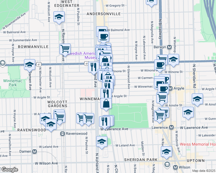 map of restaurants, bars, coffee shops, grocery stores, and more near 5015 North Clark Street in Chicago