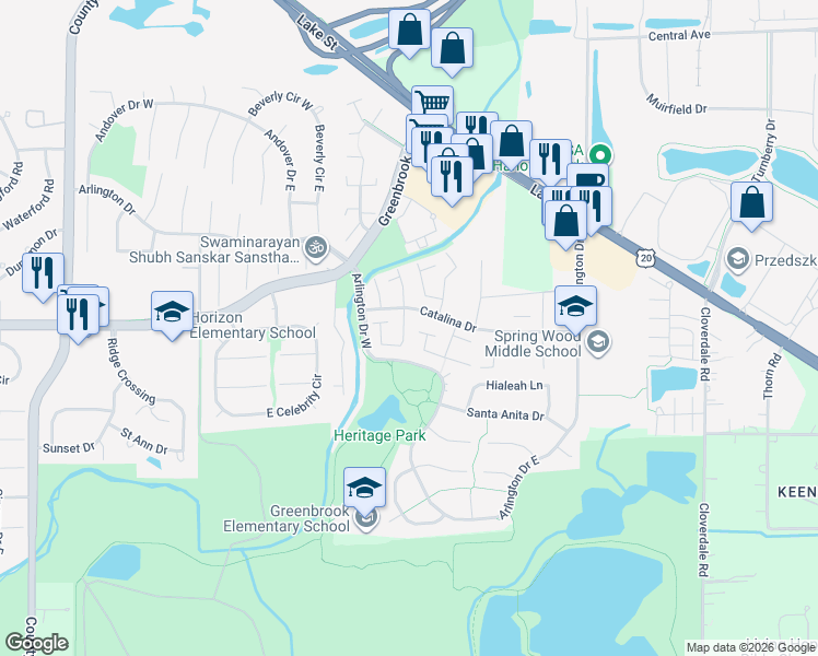 map of restaurants, bars, coffee shops, grocery stores, and more near 5525 Pebblebeach Drive in Hanover Park