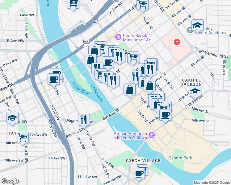 map of restaurants, bars, coffee shops, grocery stores, and more near in Cedar Rapids