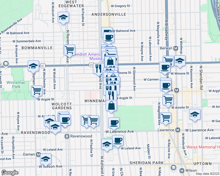 map of restaurants, bars, coffee shops, grocery stores, and more near 5040 N Clark in Chicago