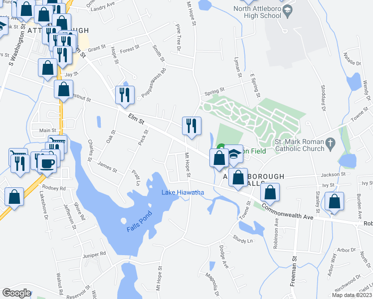 map of restaurants, bars, coffee shops, grocery stores, and more near 480 Mount Hope Street in North Attleborough