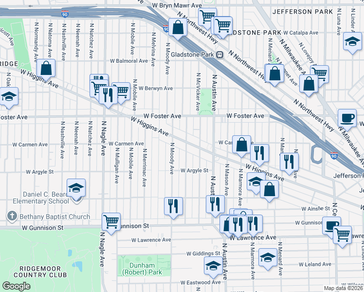 map of restaurants, bars, coffee shops, grocery stores, and more near 5031 North Moody Avenue in Chicago