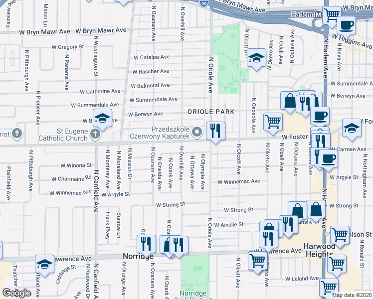 map of restaurants, bars, coffee shops, grocery stores, and more near 5072 North Ottawa Avenue in Chicago