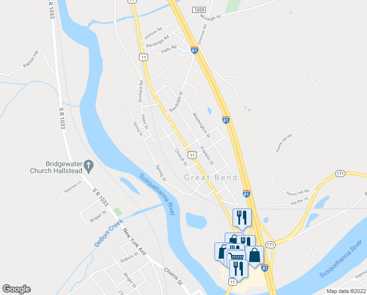 map of restaurants, bars, coffee shops, grocery stores, and more near 130 Church Street in Great Bend