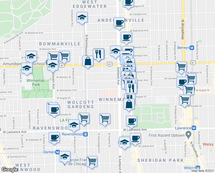 map of restaurants, bars, coffee shops, grocery stores, and more near 5015 North Hermitage Avenue in Chicago