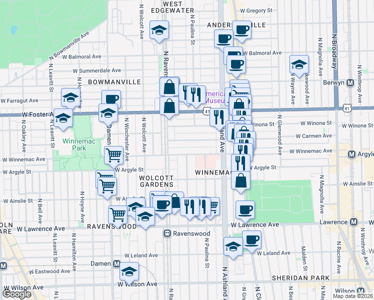 map of restaurants, bars, coffee shops, grocery stores, and more near 5015 North Hermitage Avenue in Chicago