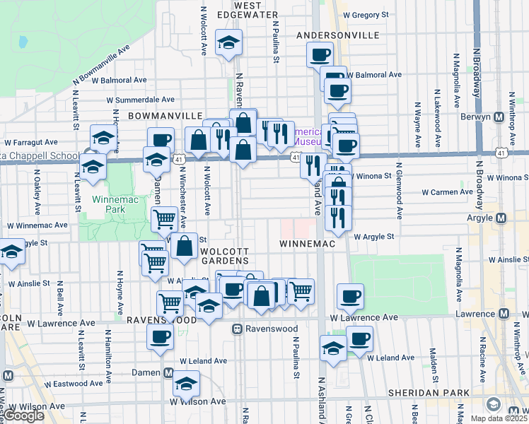 map of restaurants, bars, coffee shops, grocery stores, and more near 1763 West Winnemac Avenue in Chicago